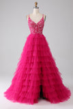 Fuchsia Princess A-Line Spaghetti Stropper Pailletlagdelt lang gallakjole med slids