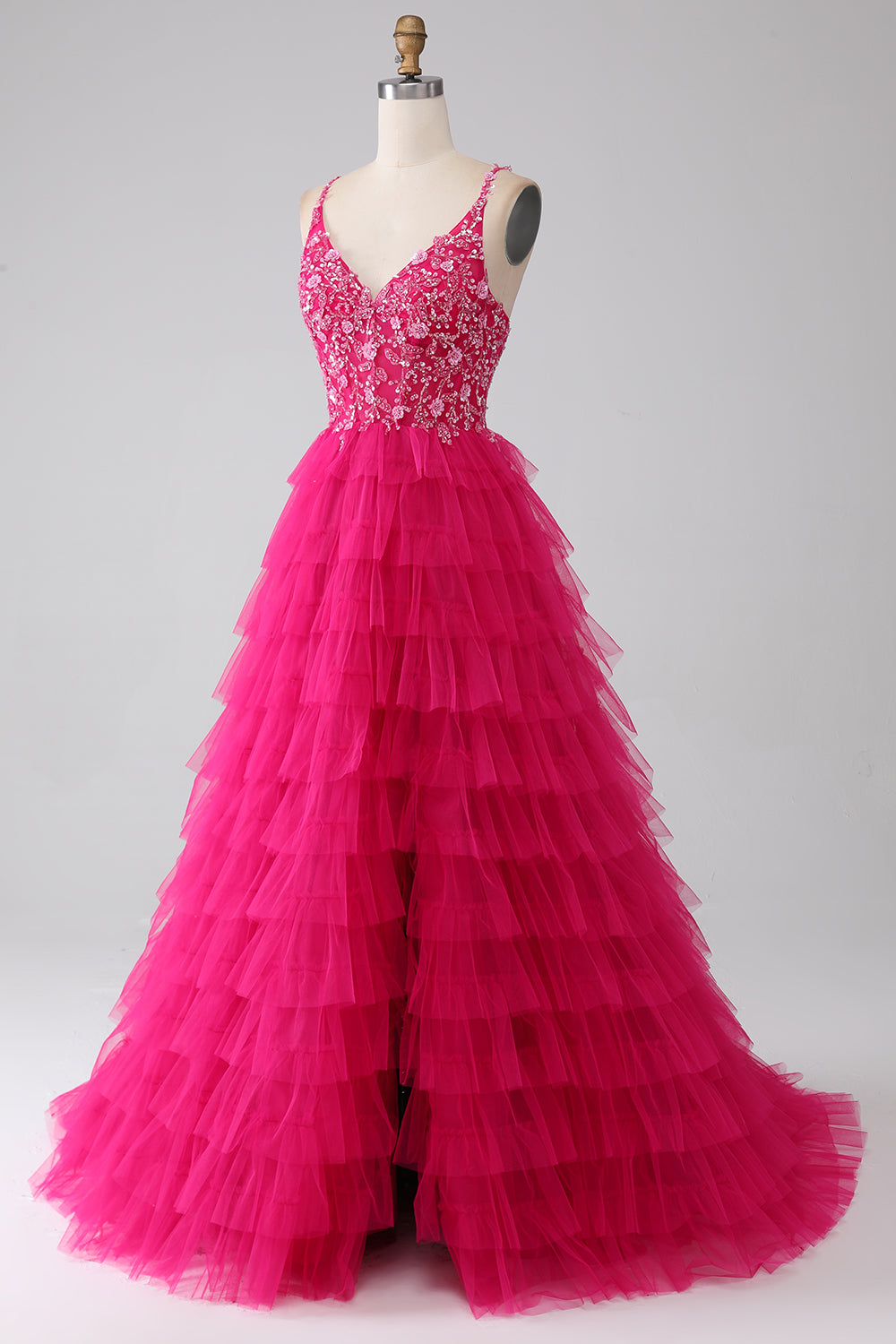 Fuchsia Princess A-Line Spaghetti Stropper Pailletlagdelt lang gallakjole med slids
