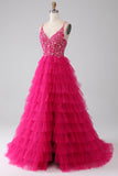 Fuchsia Princess A-Line Spaghetti Stropper Pailletlagdelt lang gallakjole med slids