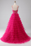 Fuchsia Princess A-Line Spaghetti Stropper Pailletlagdelt lang gallakjole med slids