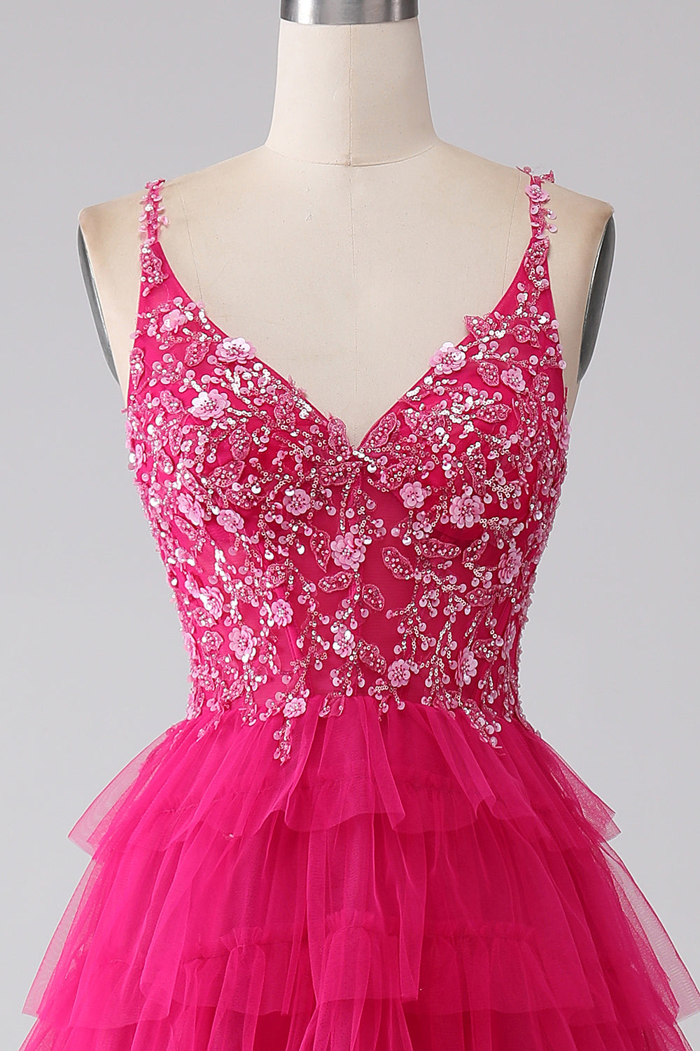 Fuchsia Princess A-Line Spaghetti Stropper Pailletlagdelt lang gallakjole med slids
