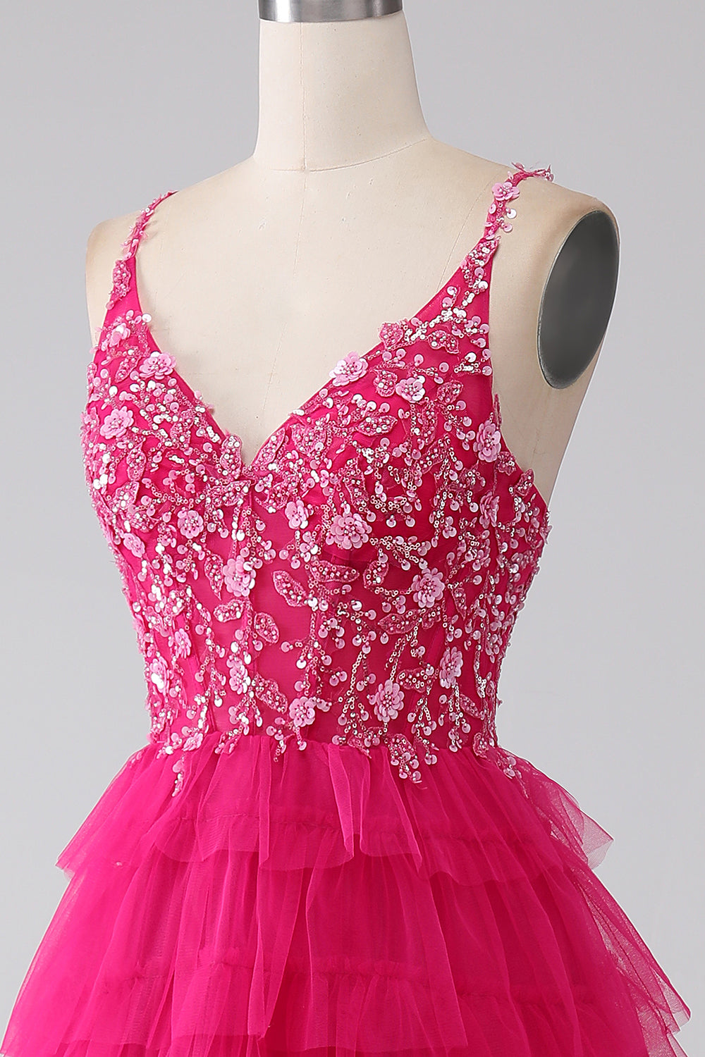 Fuchsia Princess A-Line Spaghetti Stropper Pailletlagdelt lang gallakjole med slids