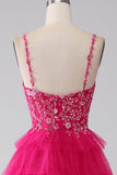 Fuchsia Princess A-Line Spaghetti Stropper Pailletlagdelt lang gallakjole med slids