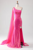 Glitrende Fuchsia Havfure en skulder Appliques gallakjole med slids