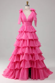Princess A-Line V-hals Fuchsia gallakjole med slids