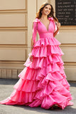 Prinsesse A-Line V-hals Fuchsia tiered gallakjole med slids