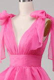 Princess A-Line V-hals Fuchsia gallakjole med slids