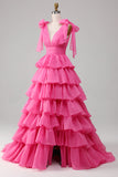 Princess A-Line V-hals Fuchsia gallakjole med slids
