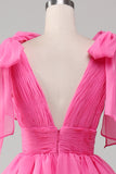 Princess A-Line V-hals Fuchsia gallakjole med slids