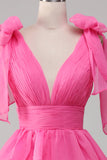 Princess A-Line V-hals Fuchsia gallakjole med slids
