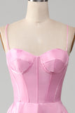 A-Line Spaghetti Stropper Pink Gallakjole med korset