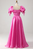Pufærmer Hot Pink gallakjole med flæser