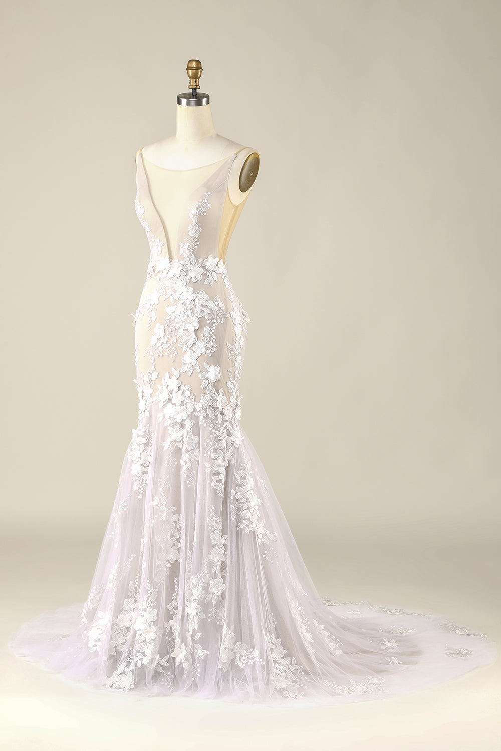 Elfenben Havfrue Illusion Båd hals blonder Brudekjole