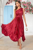 Asymmetrisk One Shoulder Burgundy Tea Længde Brudepige Kjole
