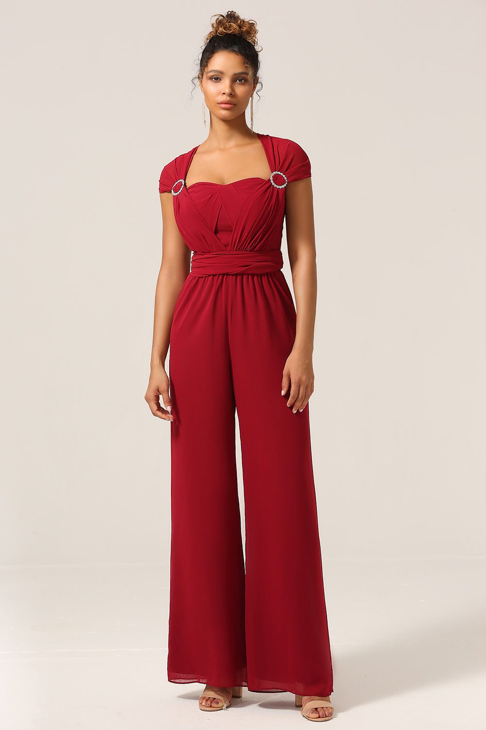 Bourgogne Chiffon konvertible brudepige jumpsuits