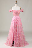 A-line Off The Shoulder Pink Long Brudepige Kjole med 3D Blomster