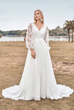 A Line V hals elfenben chiffon feje tog Boho brudekjole med blonder