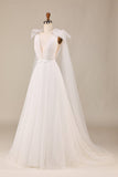 Elegant A Line V hals elfenben aftagelig Watteau Train Tulle brudekjole