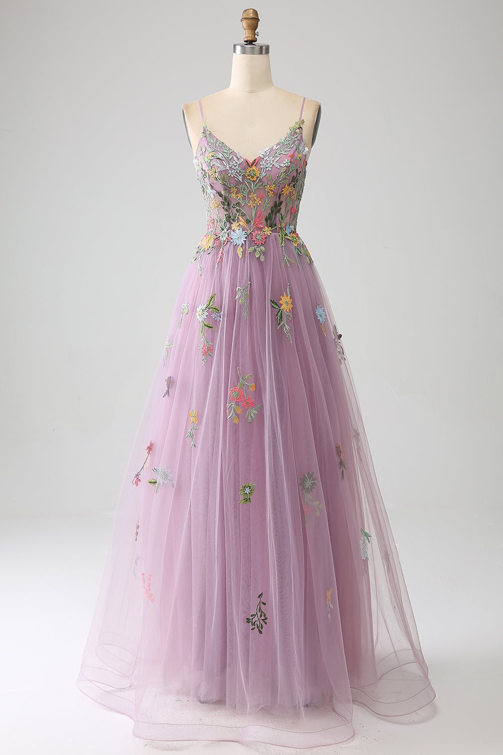 Mauve A-line Spaghetti Stropper Tyl Lang gallakjole med broderi