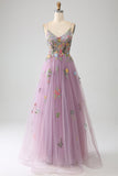 Mauve A-line Spaghetti Stropper Tyl Lang gallakjole med broderi
