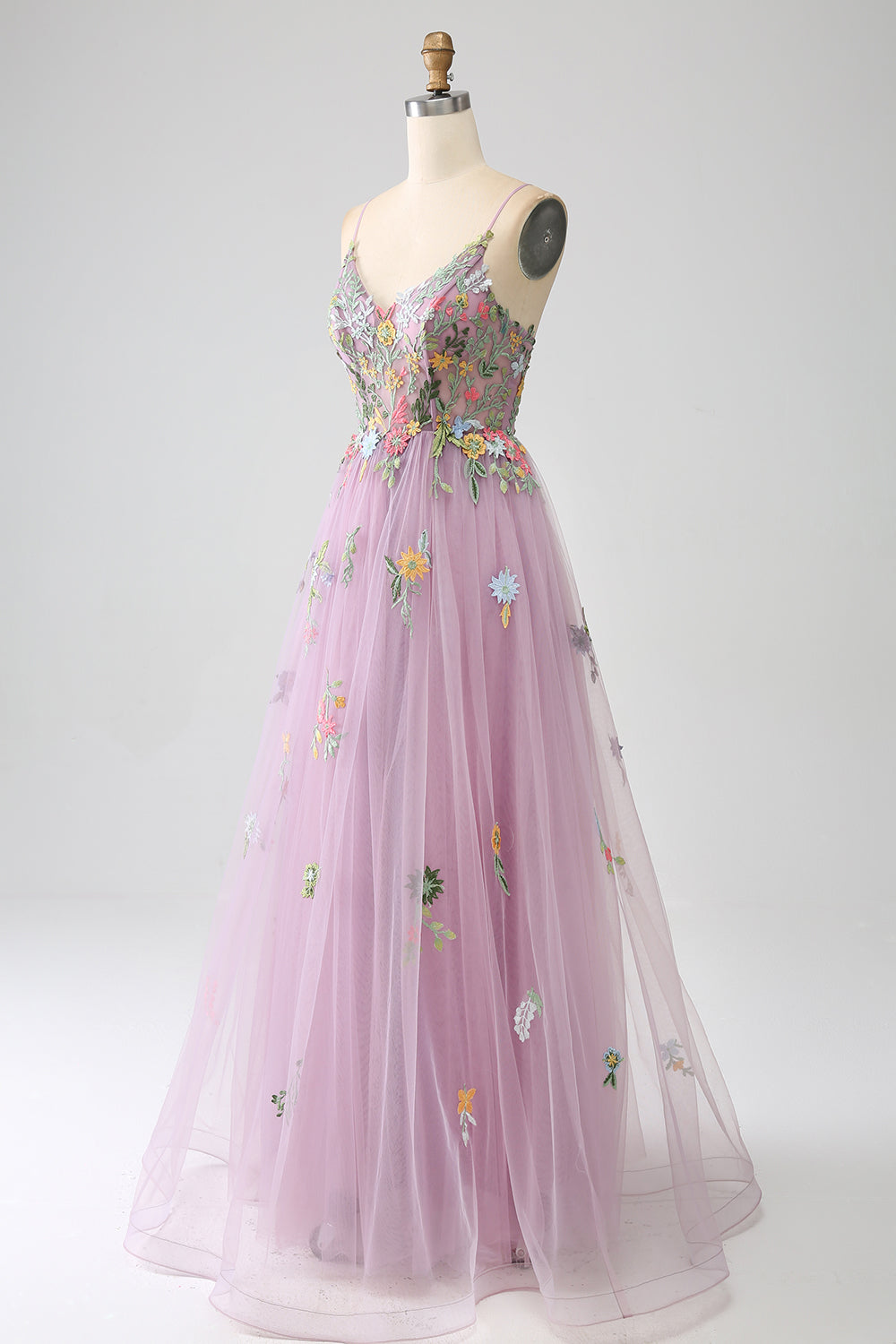 Mauve A-line Spaghetti Stropper Tyl Lang gallakjole med broderi