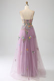 Mauve A-line Spaghetti Stropper Tyl Lang gallakjole med broderi