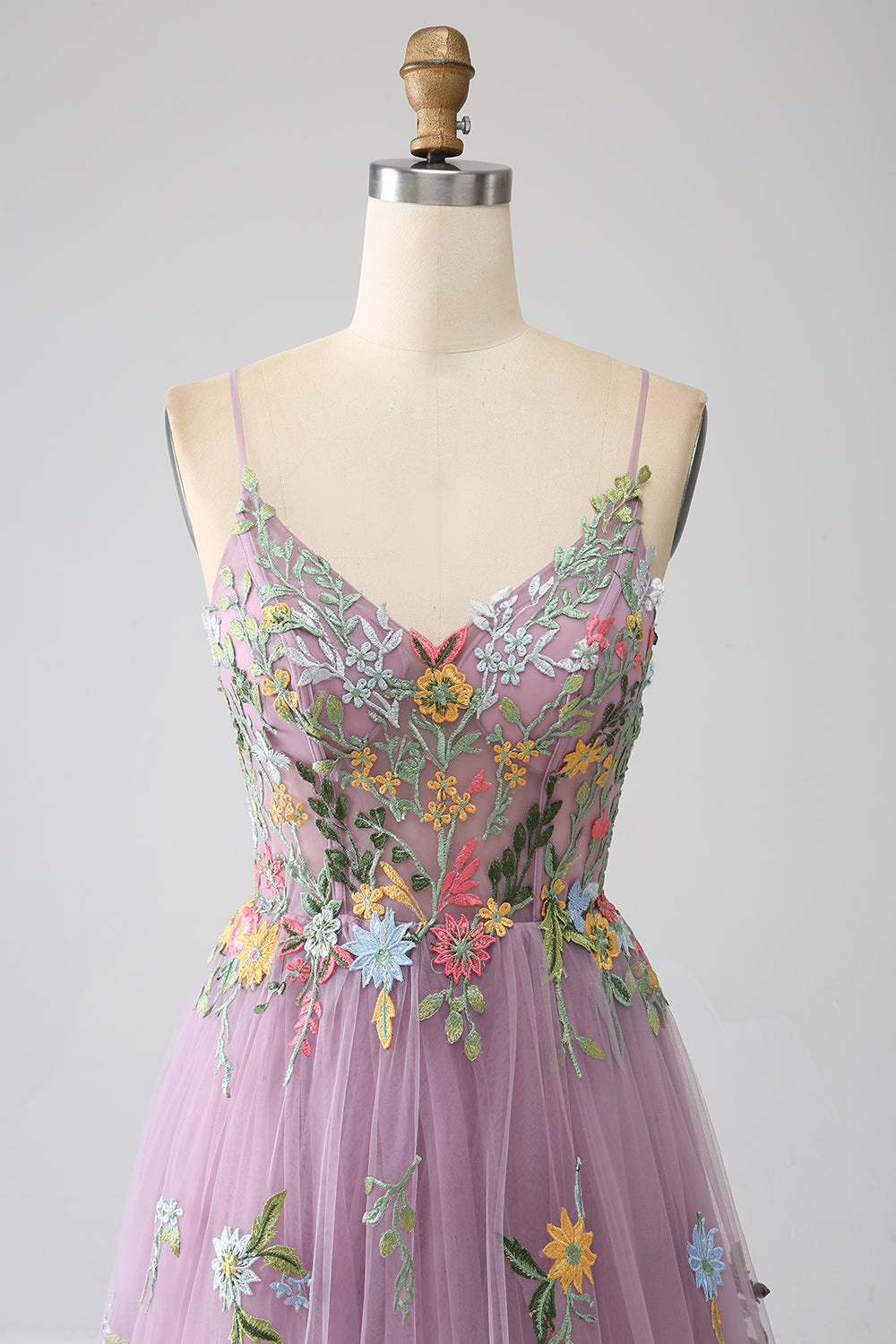 Mauve A-line Spaghetti Stropper Tyl Lang gallakjole med broderi