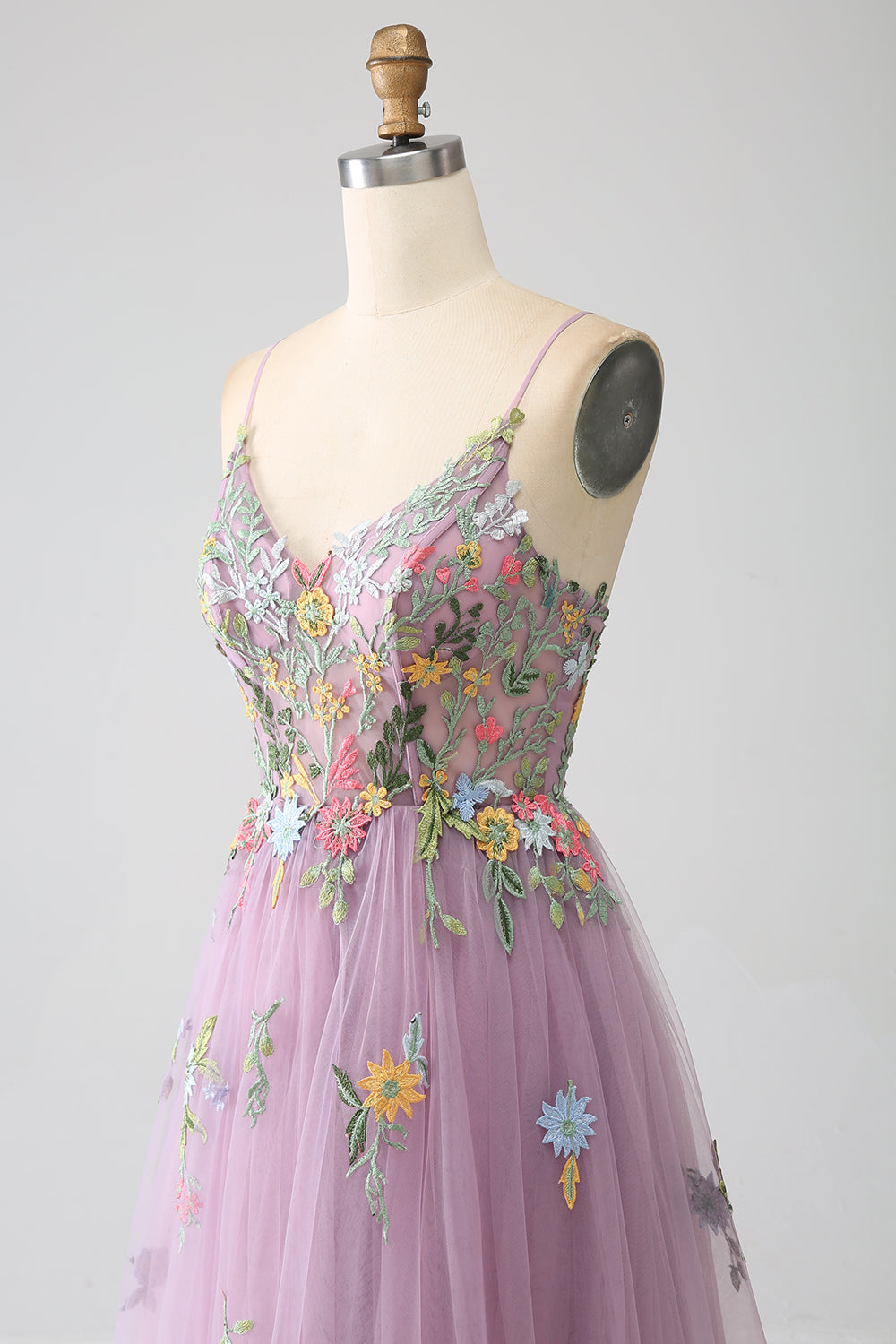 Mauve A-line Spaghetti Stropper Tyl Lang gallakjole med broderi