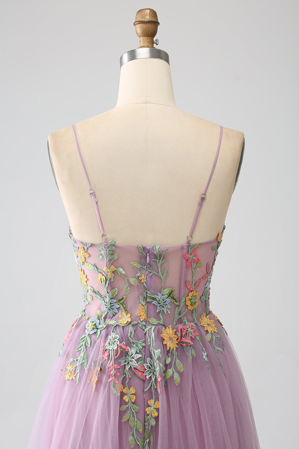 Mauve A-line Spaghetti Stropper Tyl Lang gallakjole med broderi