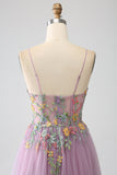 Mauve A-line Spaghetti Stropper Tyl Lang gallakjole med broderi