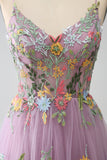 Mauve A-line Spaghetti Stropper Tyl Lang gallakjole med broderi