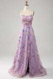 Mauve A-Line Spaghetti Straps Lang Gallakjole med applikationer