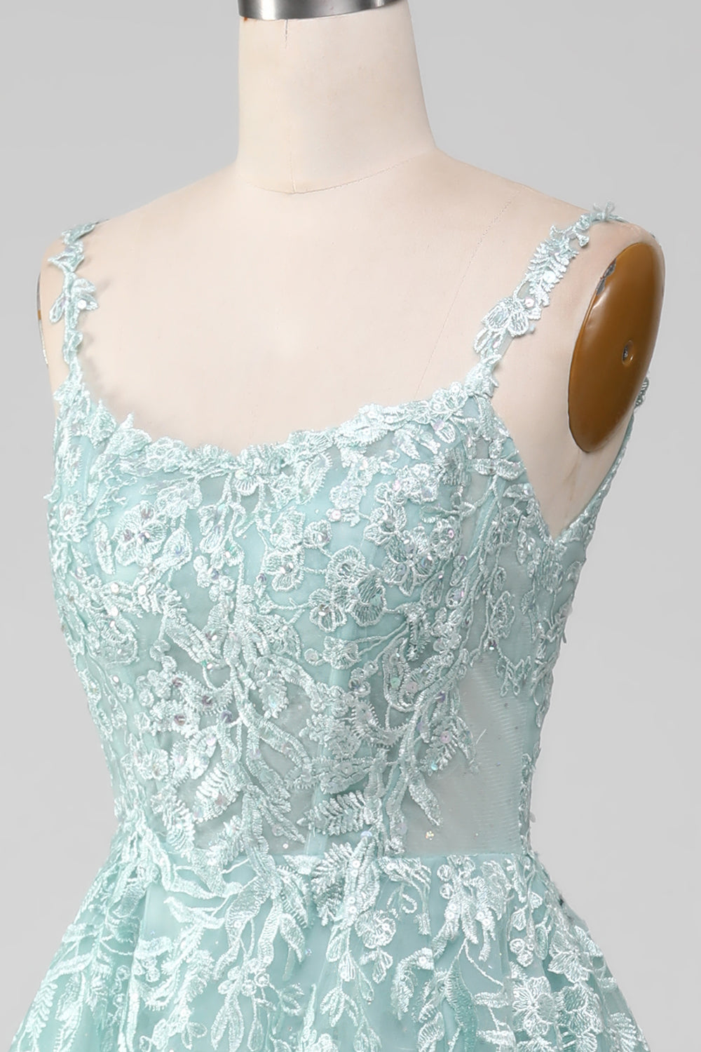 Glitter Mint A-Line tyl lang gallakjole med blonder