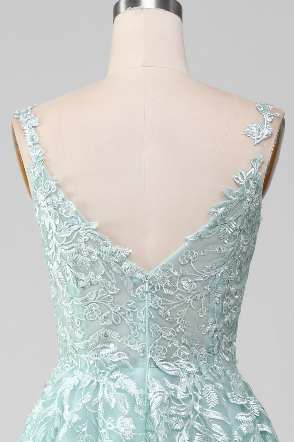 Glitter Mint A-Line tyl lang gallakjole med blonder