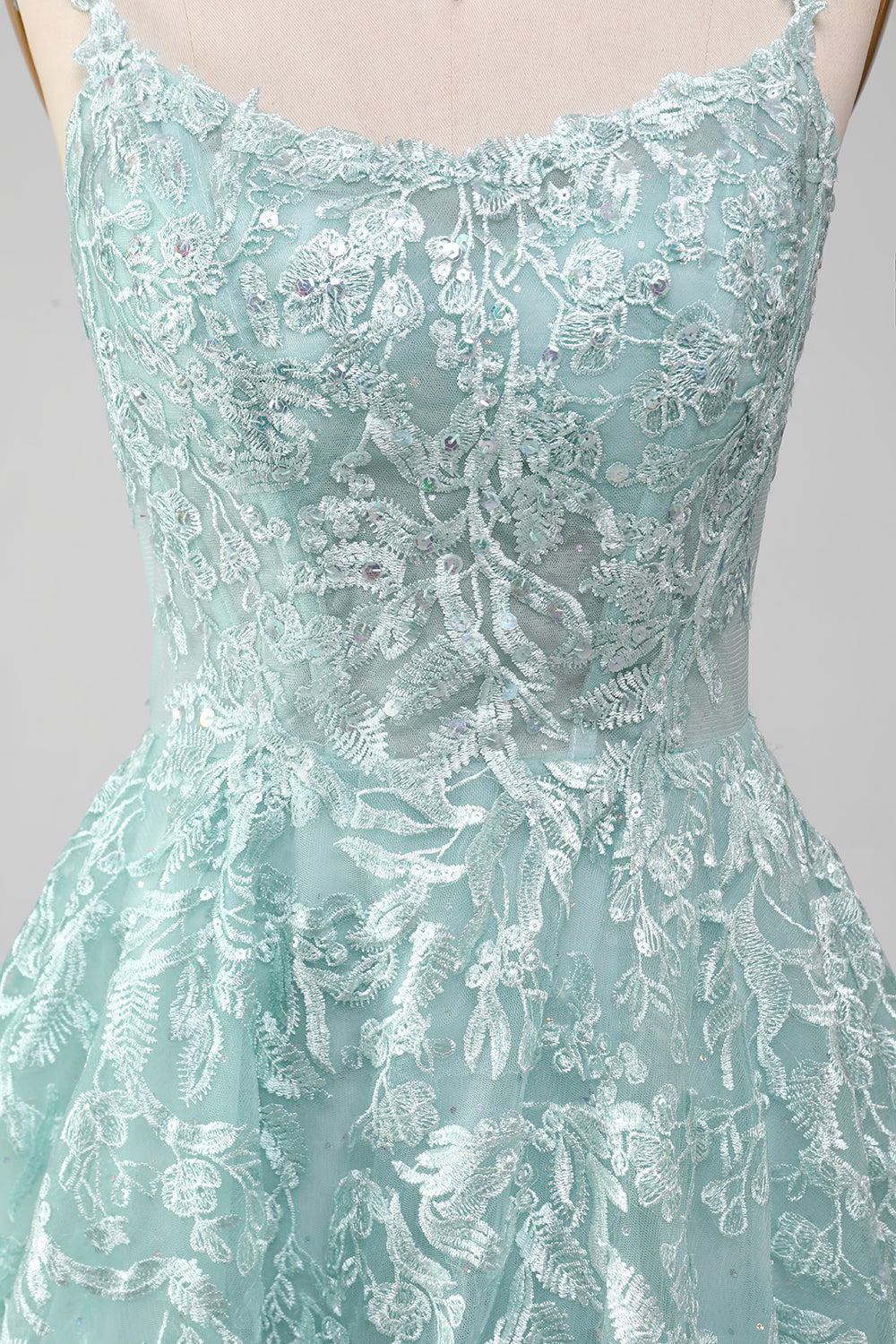 Glitter Mint A-Line tyl lang gallakjole med blonder