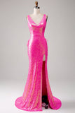 Glitrende Hot Pink Havfrue Gallakjole med slids