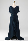 Navy A-Line V-hals asymmetriske pailletter Brudens mor kjole med perler