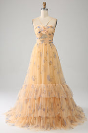 Gul A-line halter plisseret tyl tiered gallakjole med broderi