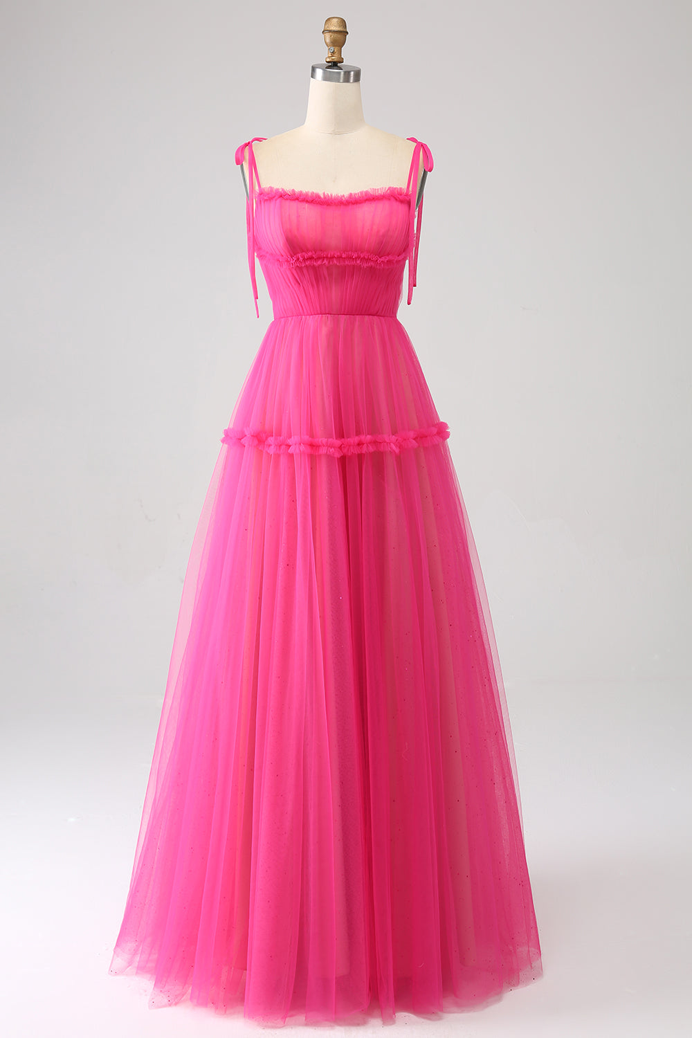 Fuchsia A-Line flæset lang tyl gallakjole