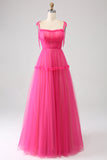 Fuchsia A-Line flæset lang tyl gallakjole