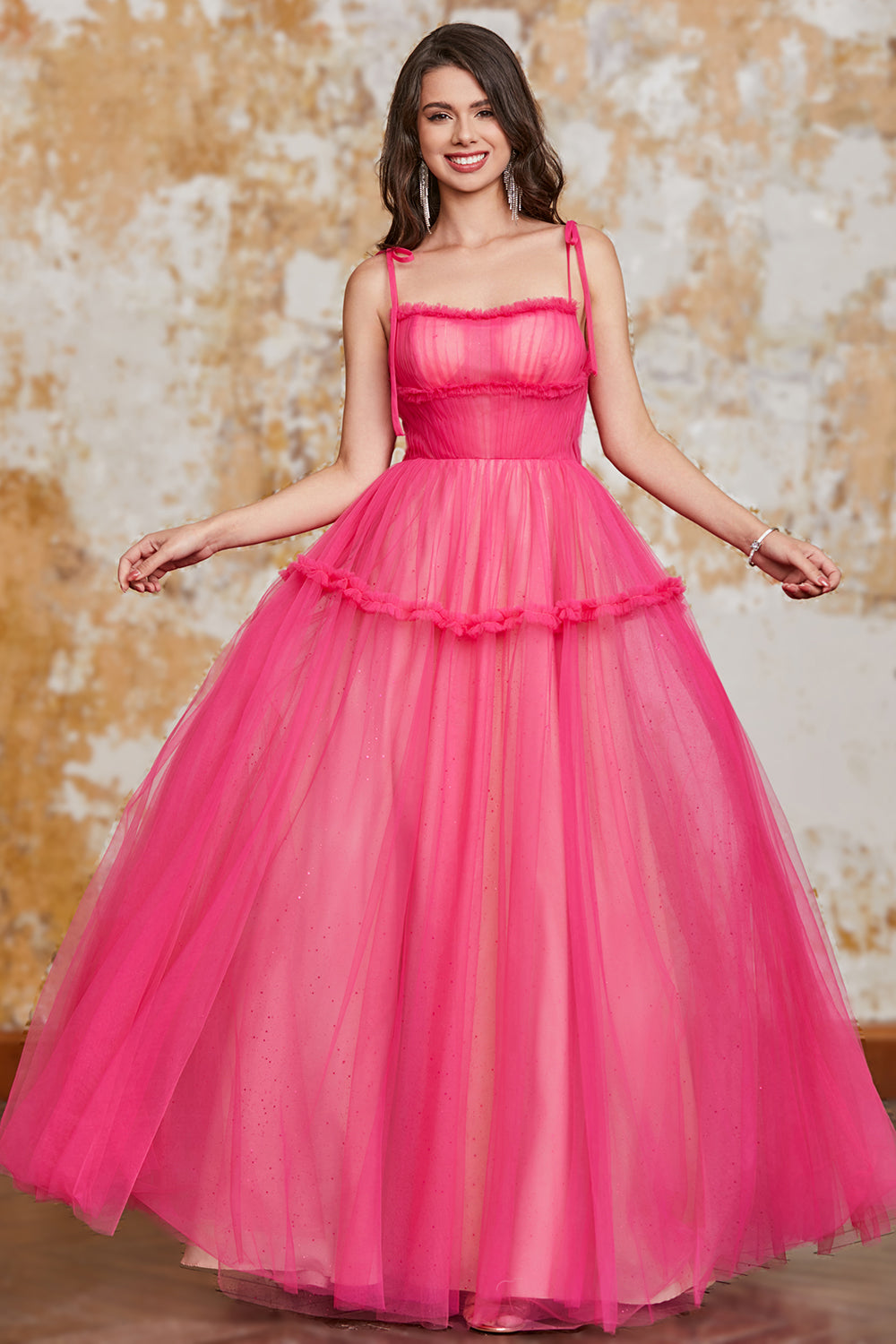 Prinsesse A Line Spaghetti Stropper Fuchsia Lang Gallakjole med flæser