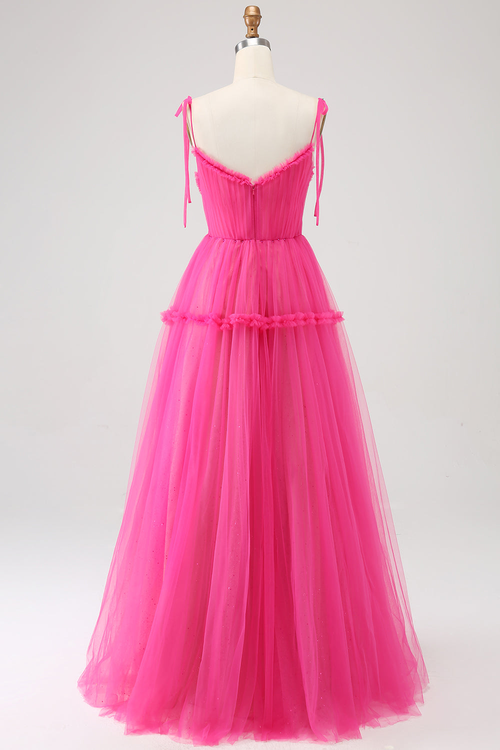 Fuchsia A-Line flæset lang tyl gallakjole