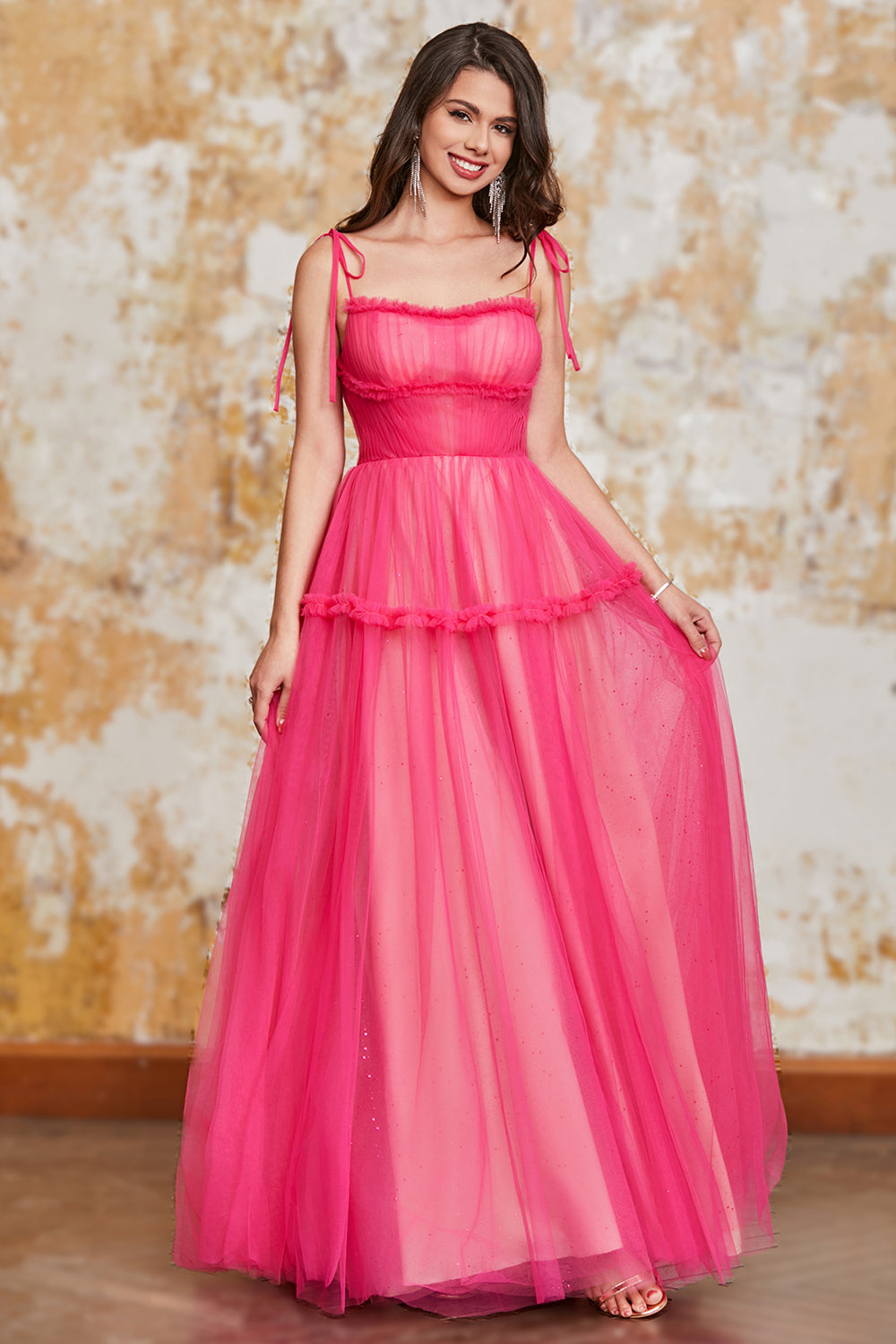 Prinsesse A Line Spaghetti Stropper Fuchsia Lang Gallakjole med flæser