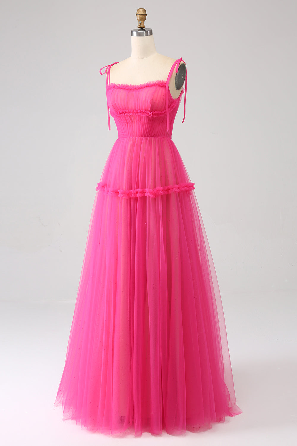 Fuchsia A-Line flæset lang tyl gallakjole