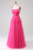 Fuchsia A-Line flæset lang tyl gallakjole