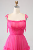 Fuchsia A-Line flæset lang tyl gallakjole