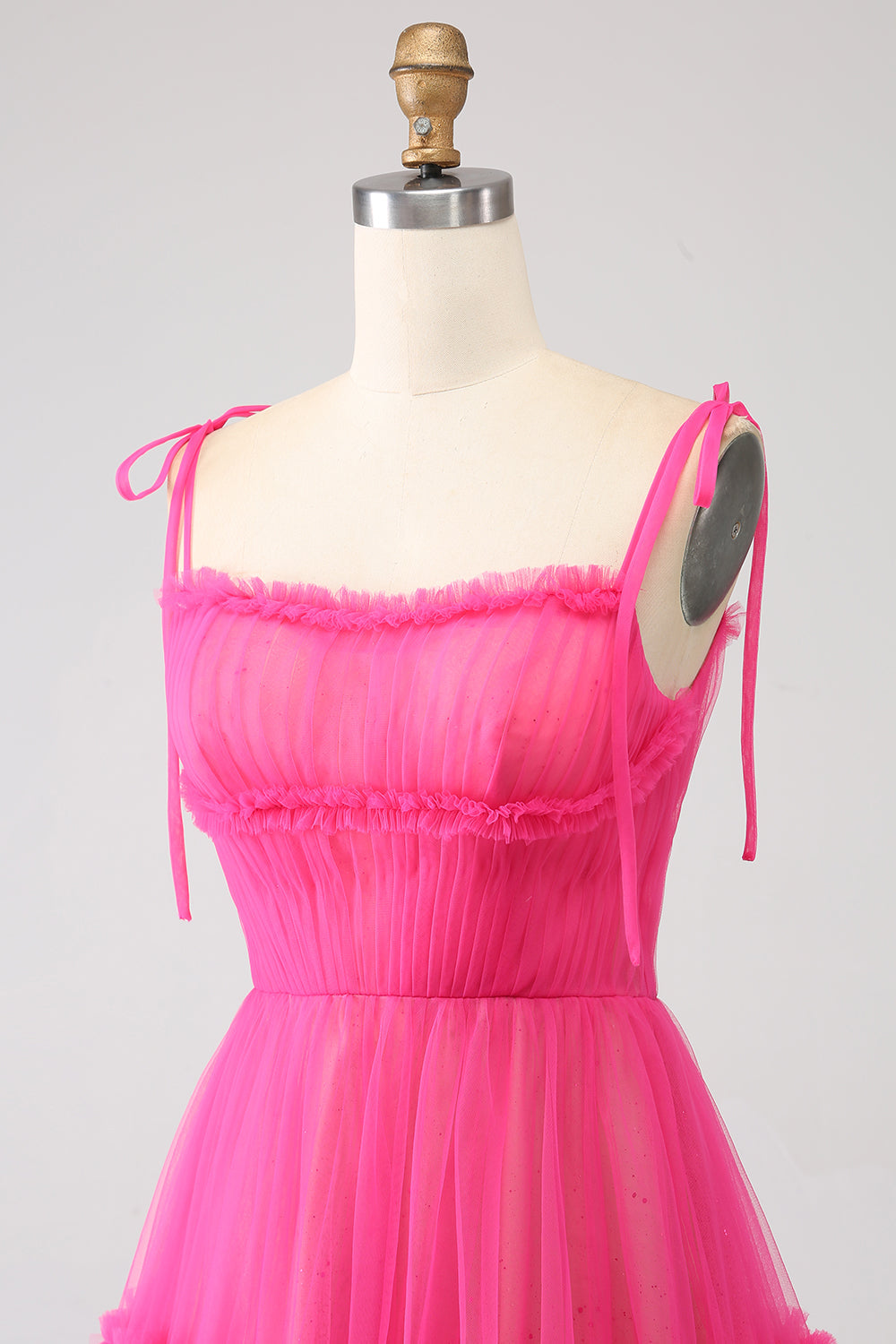 Fuchsia A-Line flæset lang tyl gallakjole