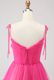 Fuchsia A-Line flæset lang tyl gallakjole