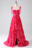 A-Line Spaghetti Stropper Fuchsia Lang Gallakjole med slids