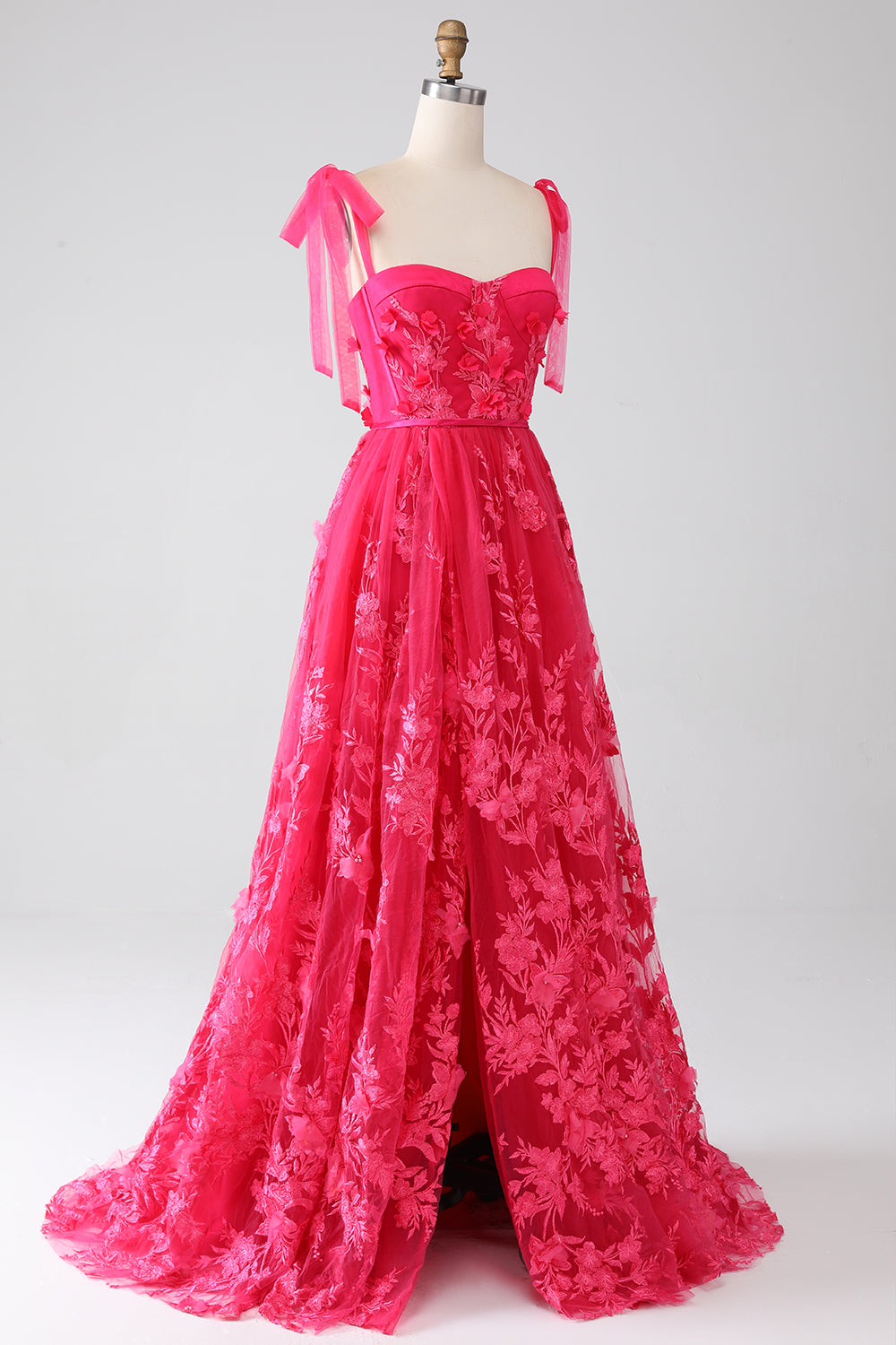 A-Line Spaghetti Stropper Fuchsia Lang Gallakjole med slids